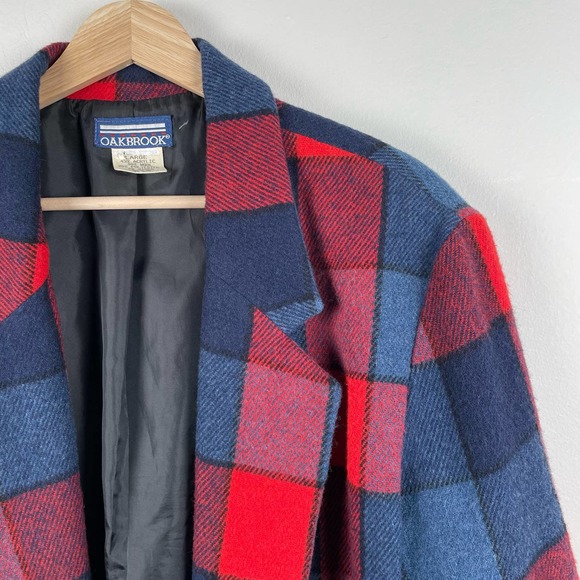 90s Plaid Wool Blazer Shacket Shirt Jacket Coat Blue Red Academia Preppy Size L - Picture 2 of 8